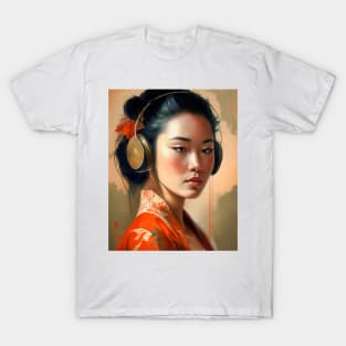Music Lover-Listening to Music with Earphones-Asian Woman T-Shirt
